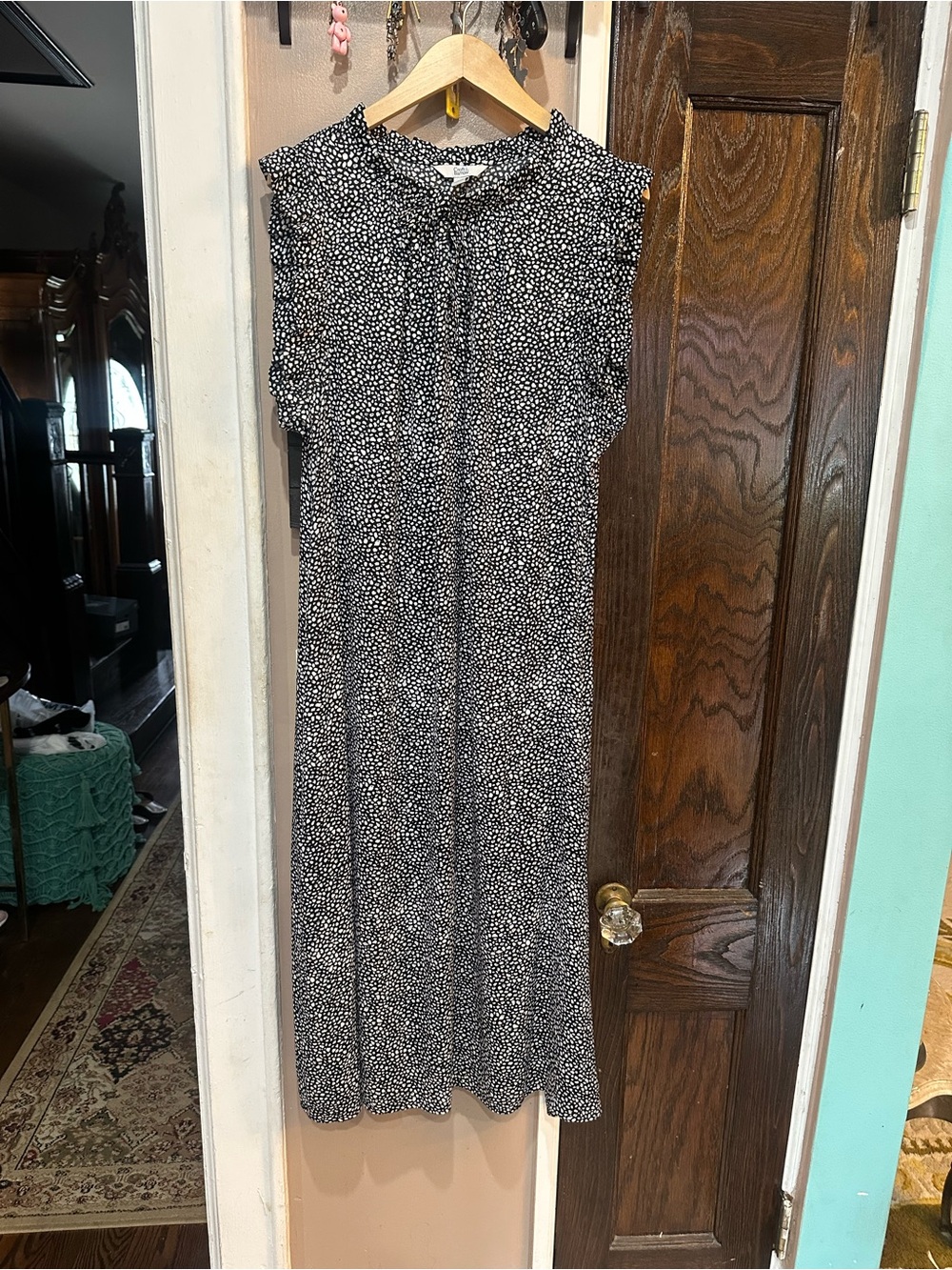 croft & barrow Black Long Dress with White Pattern and Ruffle Neck